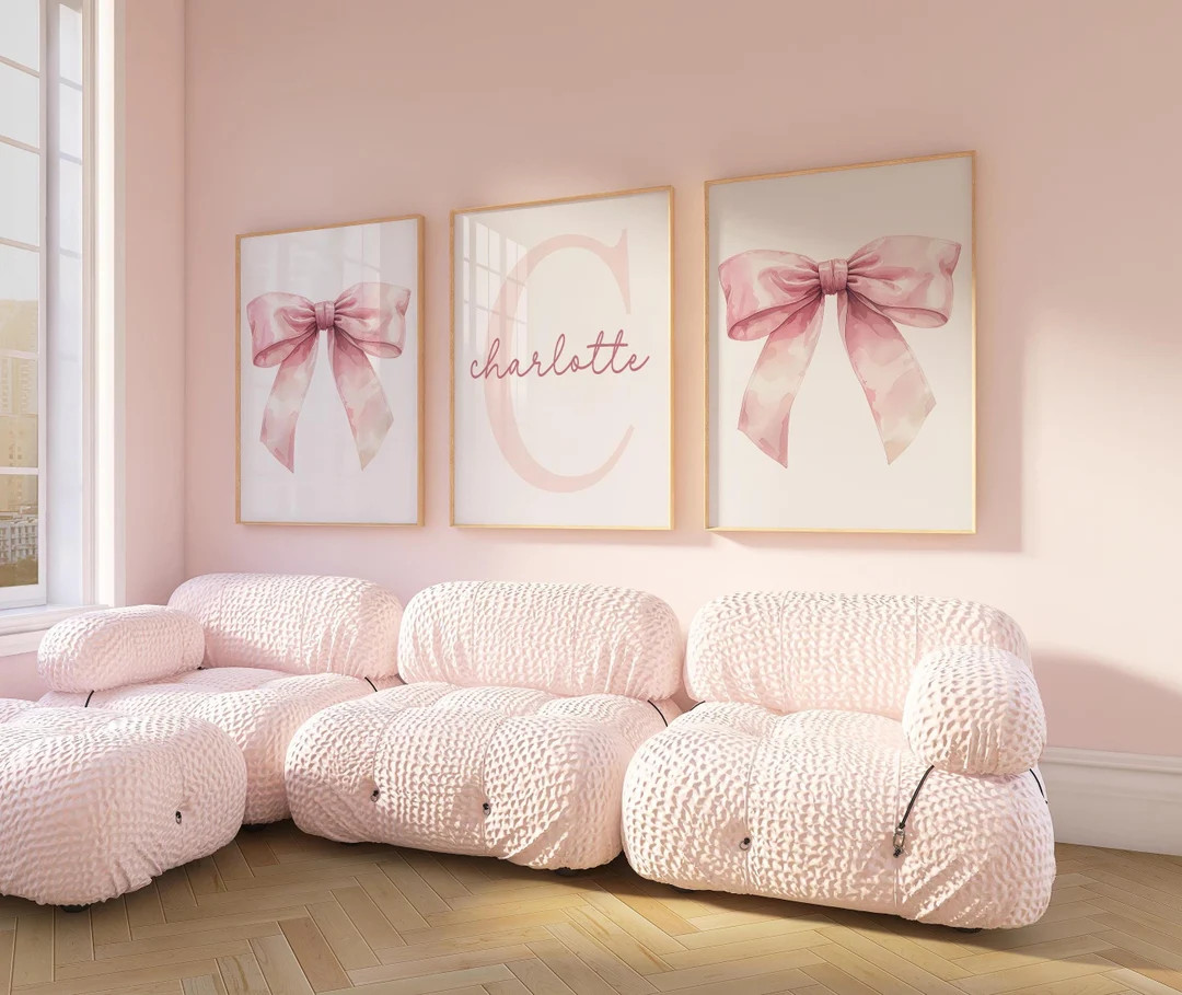 Pink Bow Wall Art, Custom Initial Name Art, Pink Girly Art, Pink Nursery Set of 3, Pink Bow Water... | Etsy (US)