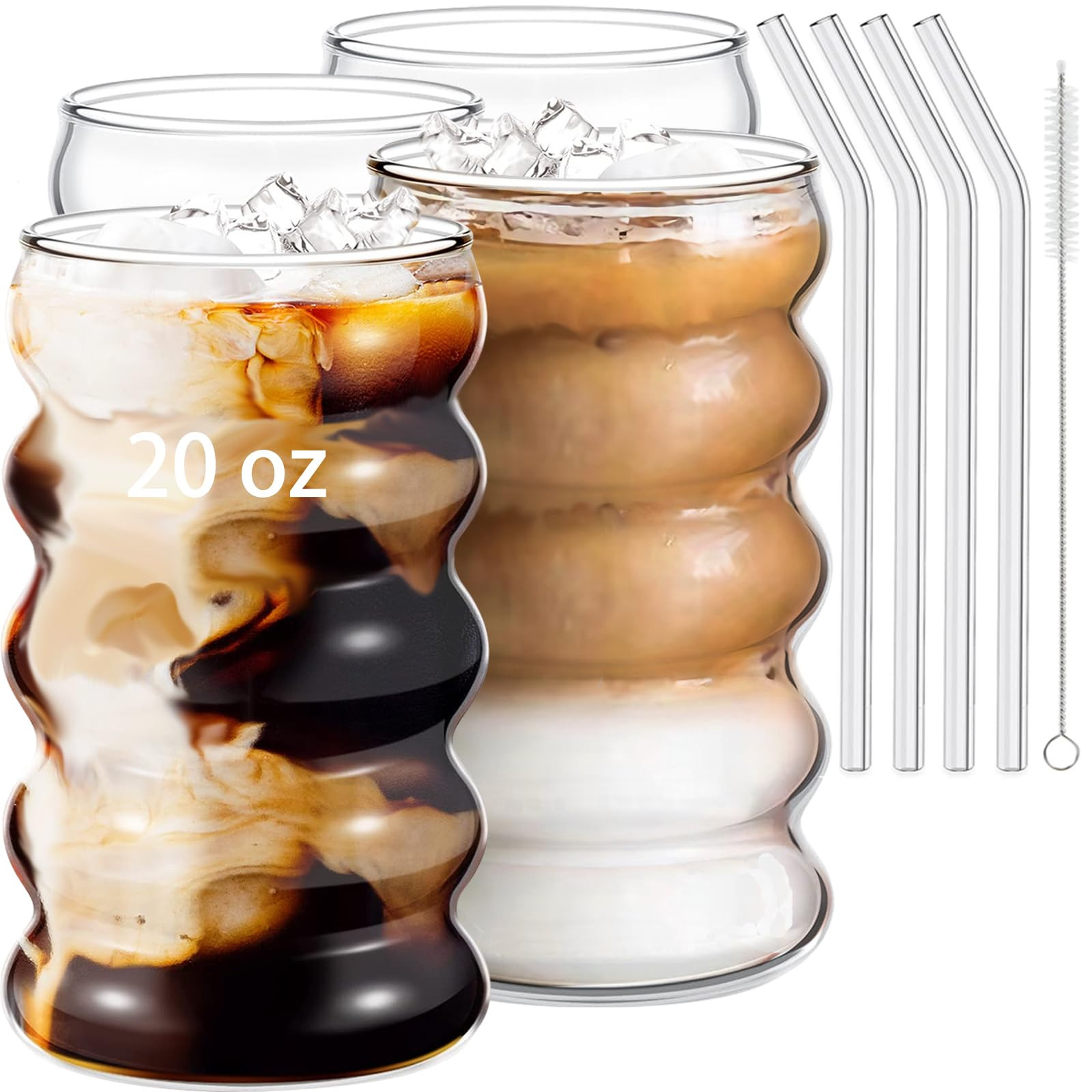 4 Pcs 20oz Drinking Glasses Set with Straws, Cute Iced Coffee Glass Cups, Iced Coffee Tumblers, T... | Amazon (US)