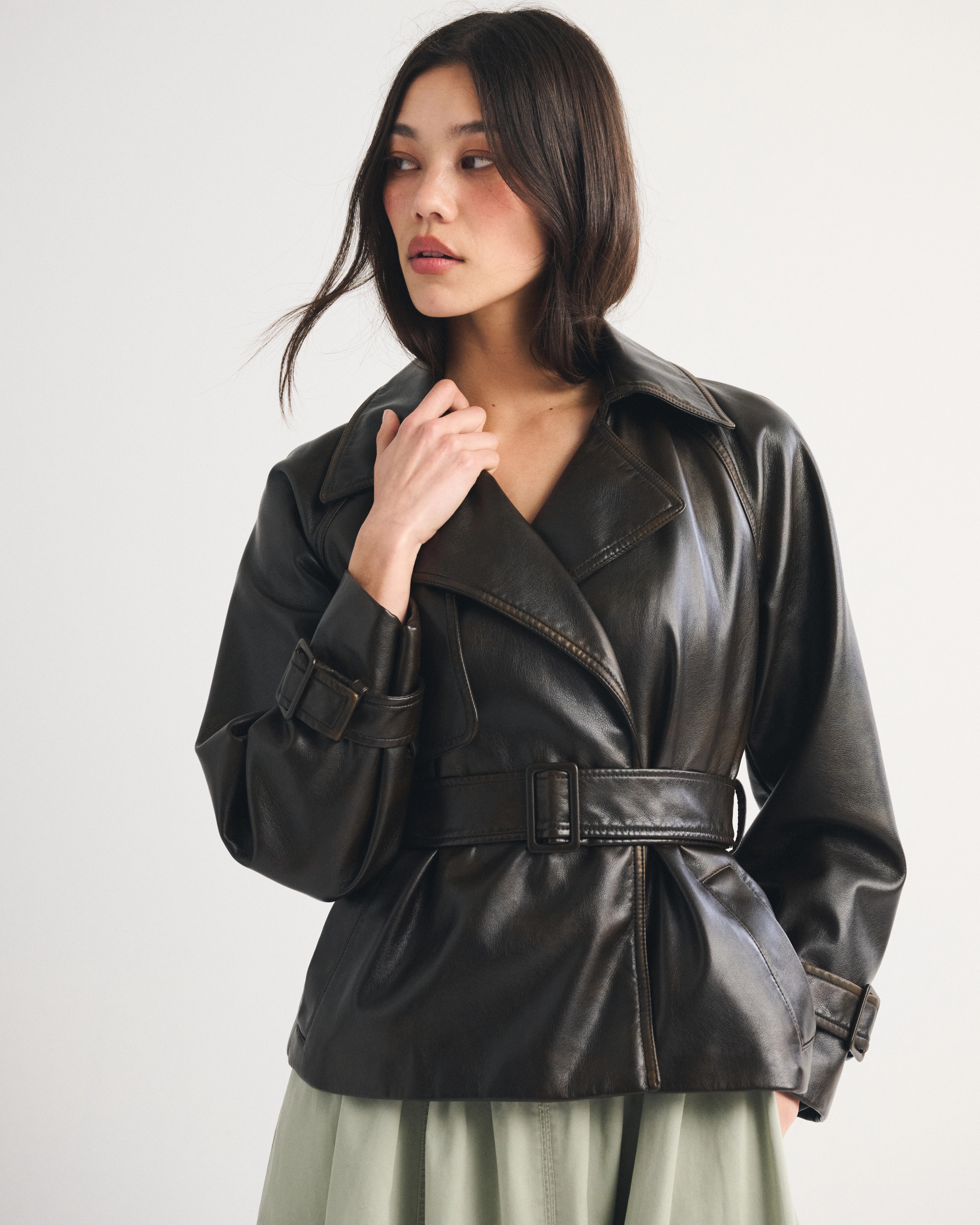 Vegan Leather Belted Short Trench Coat | Abercrombie & Fitch (US)