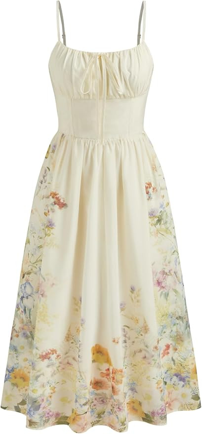 CIDER Midi Dress for Women Floral Sleeveless Square Neck Shirred Waistline Casual Dress Wedding G... | Amazon (US)