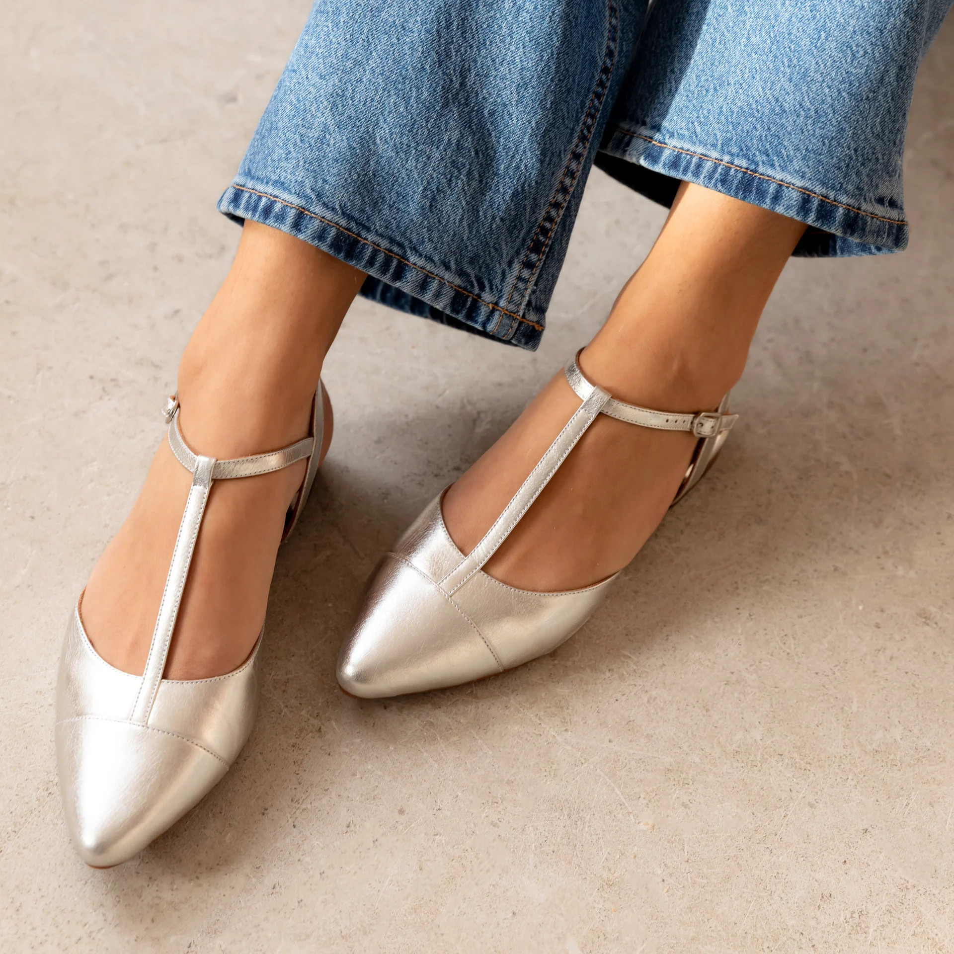 Anais Pointed T-Bar Flats: Silver Leather - Pre-Order (Dispatch w/c 30 | Air & Grace