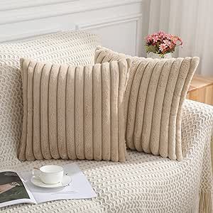 Pallene Faux Fur Plush Throw Pillow Covers 20x20 Set of 2 - Luxury Soft Fluffy Striped Decorative... | Amazon (US)
