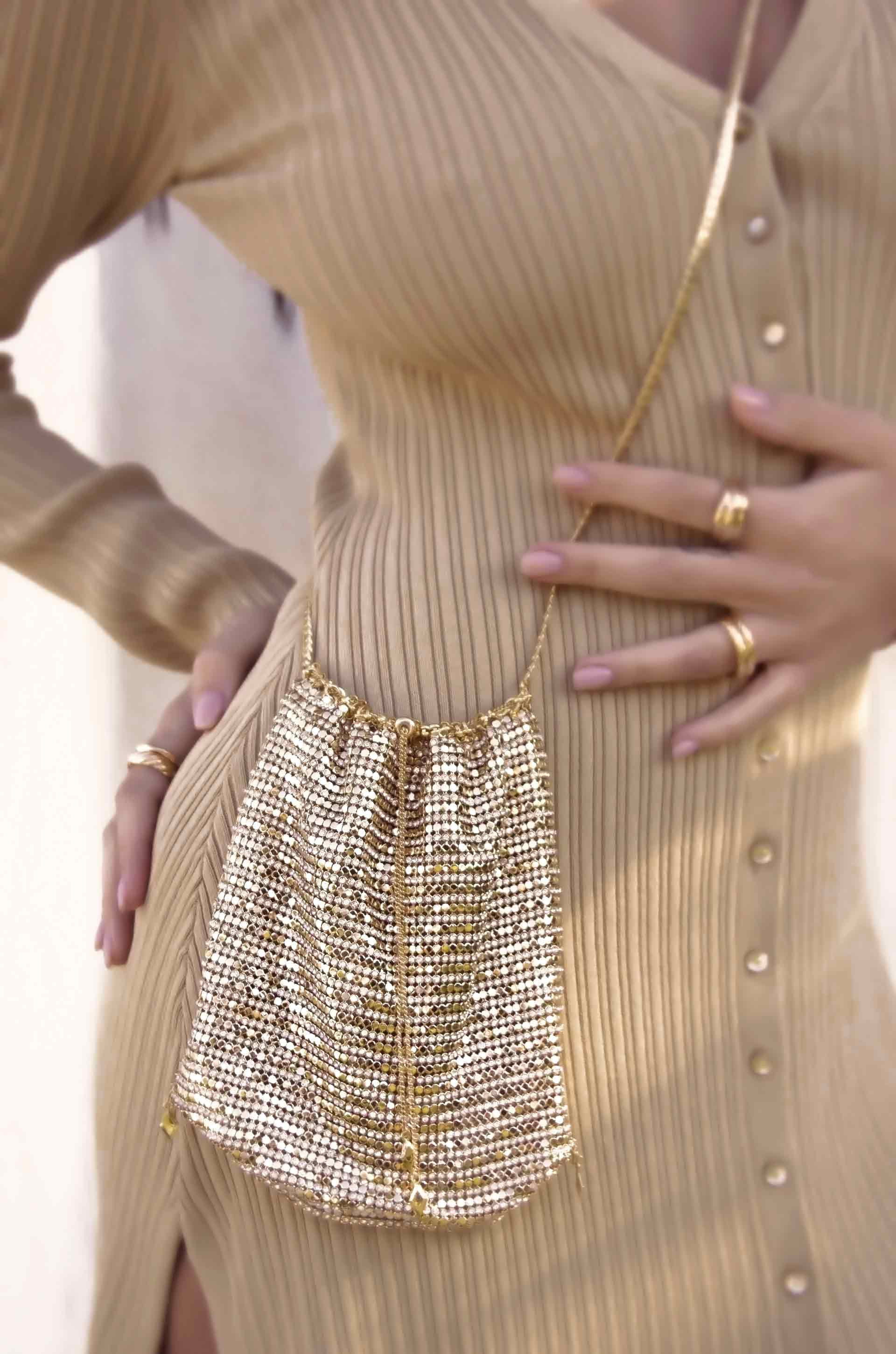 Gold Shimmer Pouch with Gold Shoulder Chain | Boho Pink