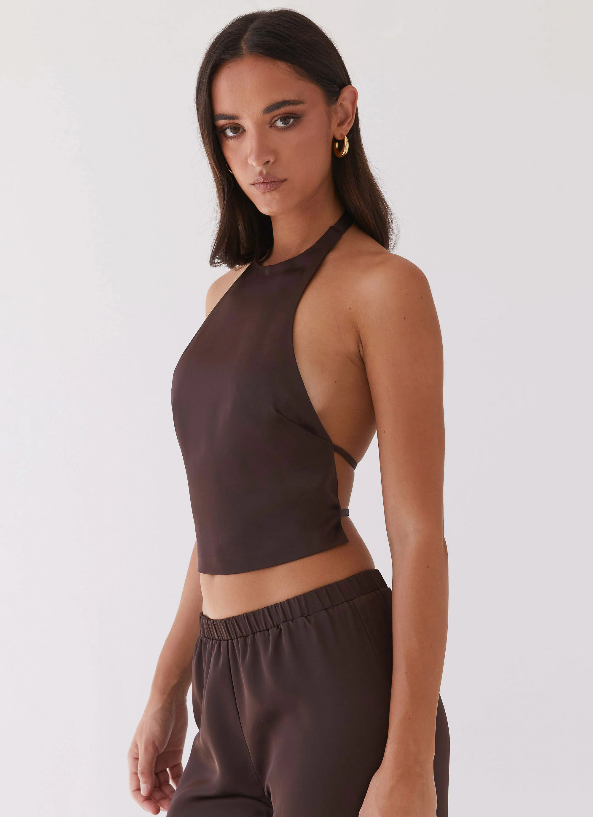Bree Satin Halterneck Top - Brown | Peppermayo (Global)