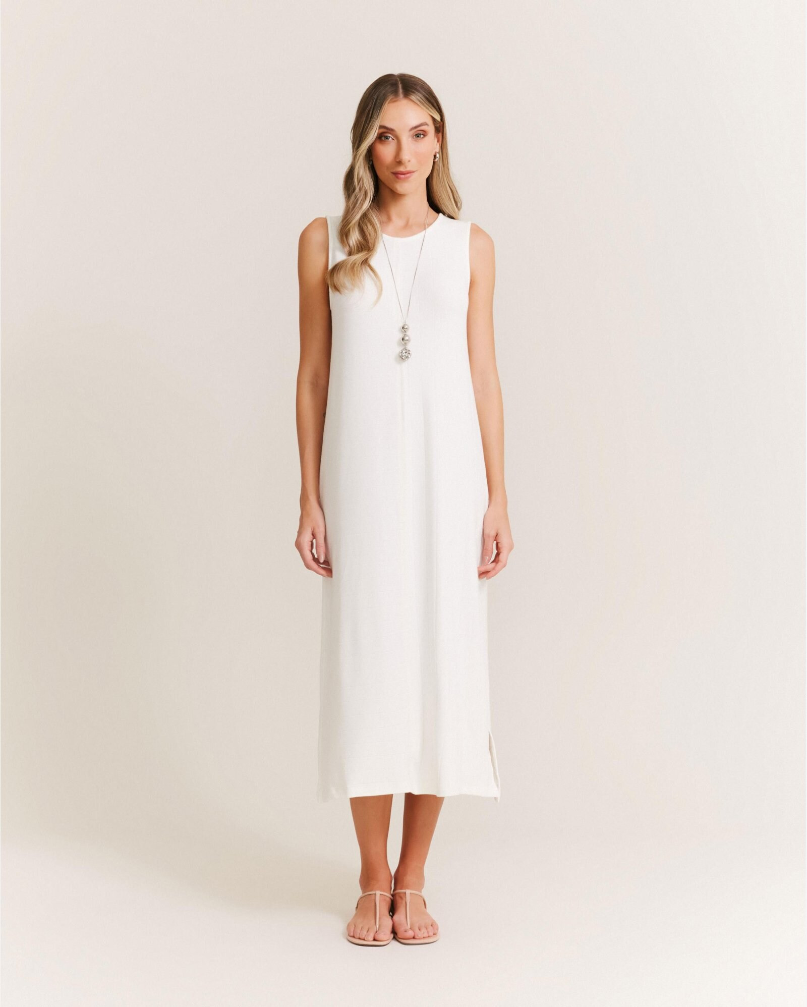 Vestido Midi Canelado Recortes - Off White | Riachuelo (BR)