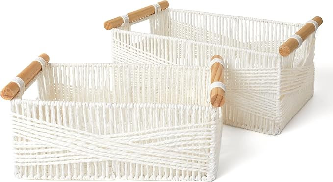 LA JOLIE MUSE Wicker Storage Baskets for Organizing, Recyclable Paper Rope Basket with Wood Handl... | Amazon (US)
