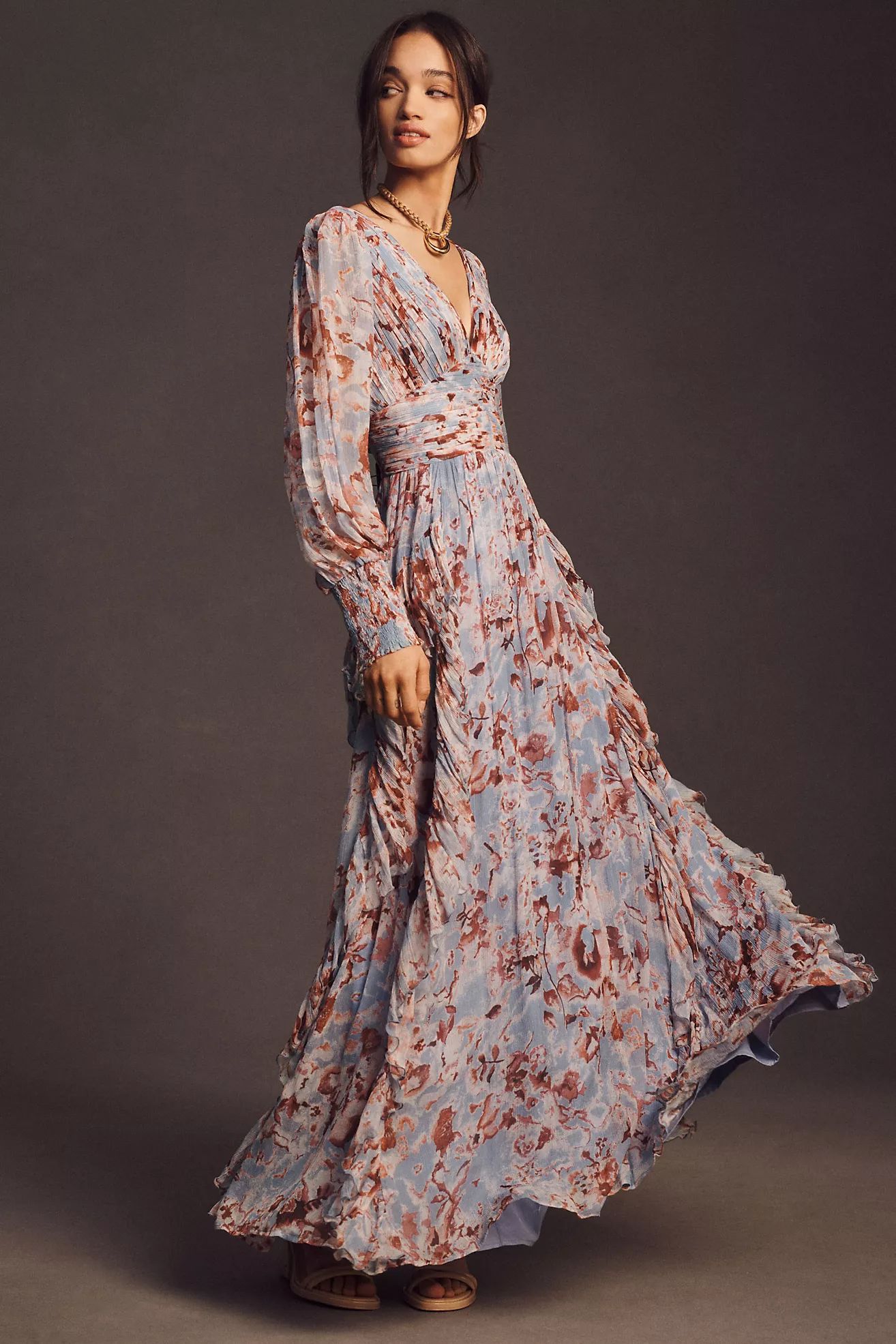 BHLDN V-Neck Long-Sleeve Printed Chiffon Gown | Anthropologie (US)