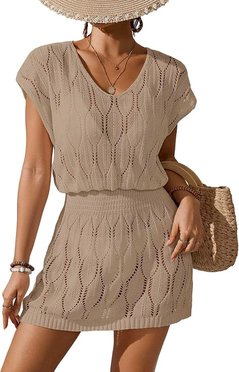 BreathSunny Womens Crochet Knit Slim Fit Elastic Waist Cinched Swimsuit Coverup Summer 2025 Scoop... | Amazon (US)