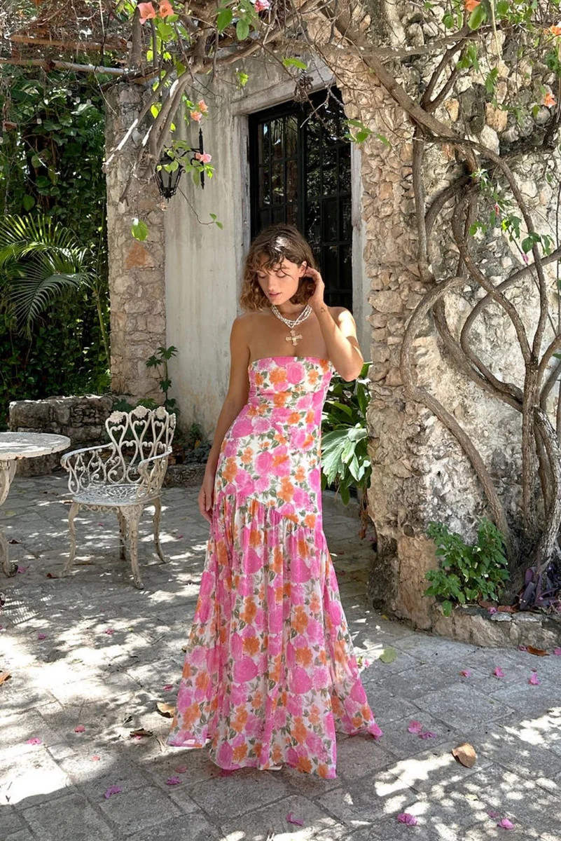 LaBelle Strapless Drop Waist Pink Floral Maxi Dress | 12th Tribe