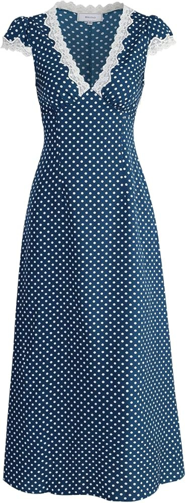 Women Summer Dresses Deep V Neck Polka Dot Prined Splice Lace Dress Elegant Cotton for Party | Amazon (US)