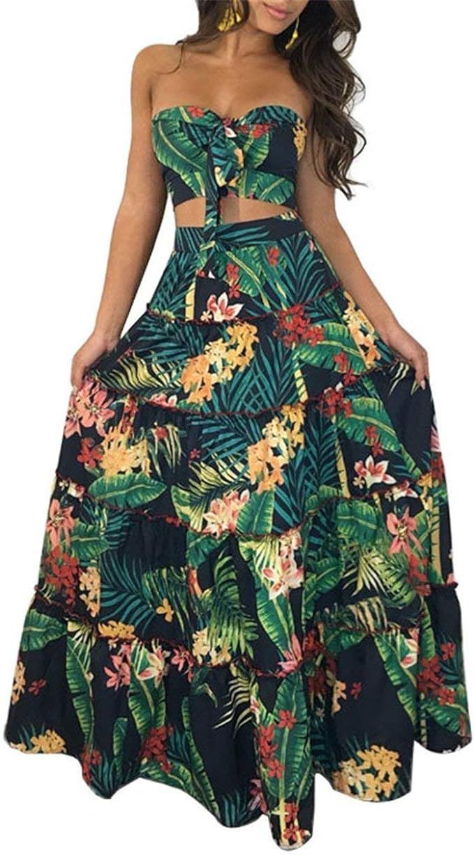 Cluster 2Pcs Women Suits Wrapped Crop Top + Skirt Set Party Club Maxi Dress, Green | Amazon (US)