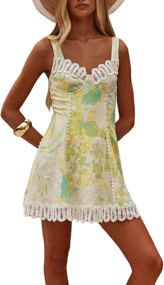 Women's Boho Mini Dress Floral Print Lace Trim Dress Adjustable Strap A-Line Sundress for Beach | Amazon (US)