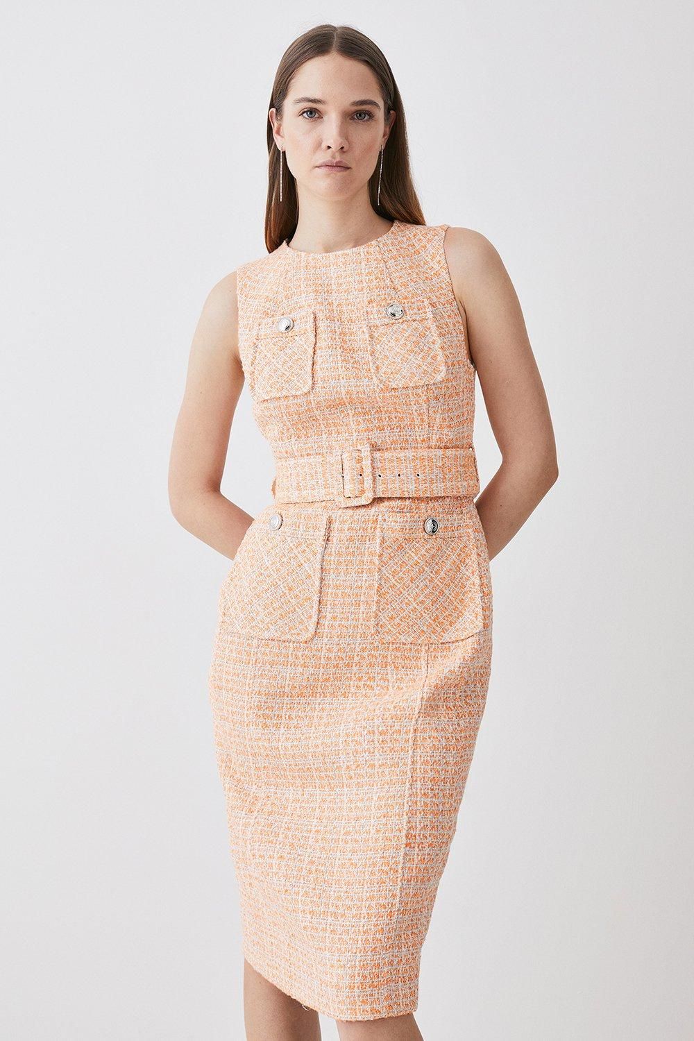 Tweed Belted Pencil Midi Dress | Karen Millen US