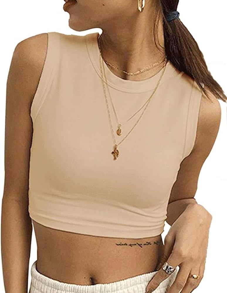 MISSACTIVER Women Round Neck Crop Top Basic Solid Sleeveless Crop Tank Vest Top | Amazon (US)