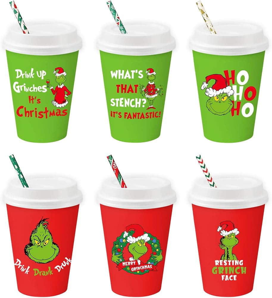 48 Pack Christmas Cups with Lids and Straws, Funny Grinchs Party Supplies, 12 oz Holiday Disposab... | Amazon (US)