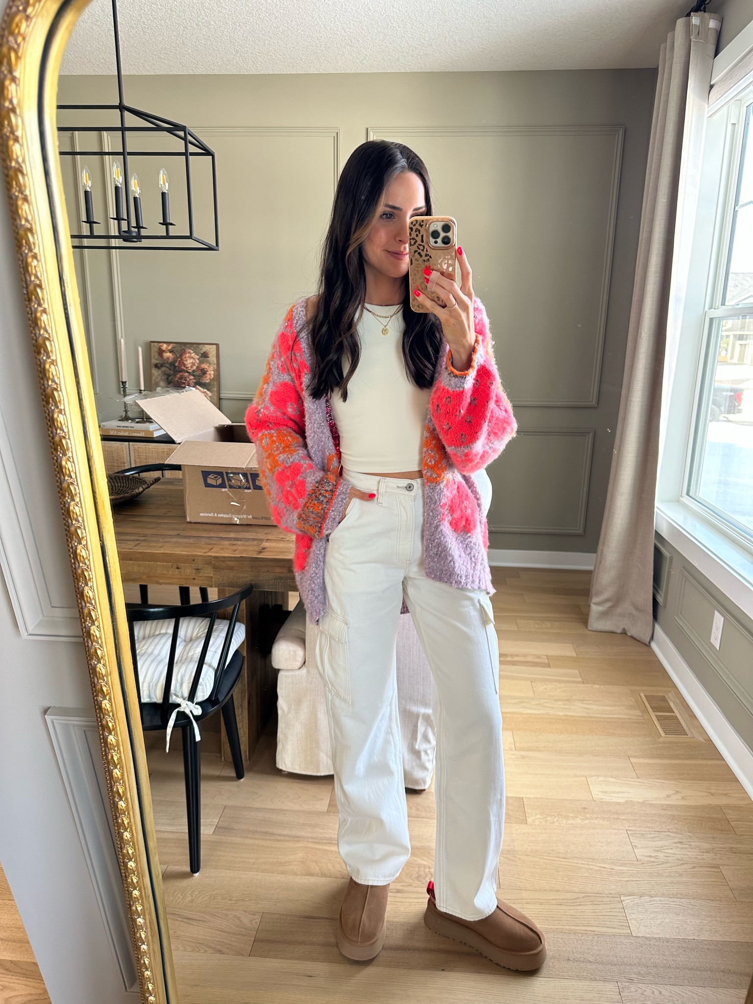 Cardi: true to size (S) but you can definitely size down, runs large 
Tank: tts (S)
Cream cargo jeans: tts (26L)
Ugg Tazz: tts but I sized up half (I size down half in regular ugg  styles) 

Electric picks code TAYLOR20
Miranda Frye code STYLED 

#LTKSeasonal #LTKshoecrush #LTKFind