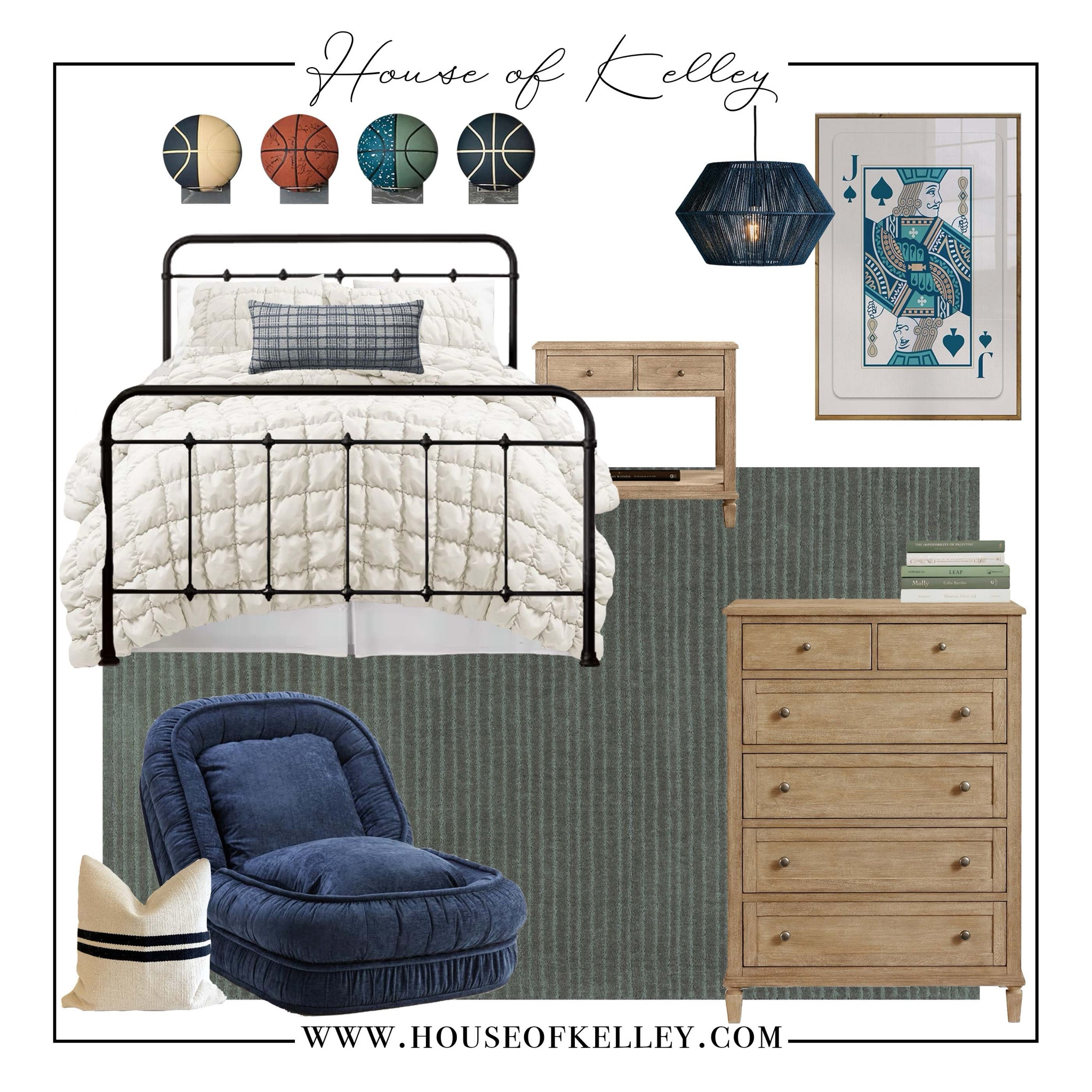 Teen boy bedroom, tween boy bedroom, big boy room, brother bedroom, boy teenager bedroom, black iron bed frame, wood nightstand, wooden nightstand, wooden dresser, wood dresser, blue bean bag, teen accent chair, Etsy art, boy artwork, boy wall art, sports bedroom, blue rug, green rug, teen rug, boy rug, navy throw pillow, plaid pillow, stripe pillow, basketball shelf, ball holder, basketball holder, basketball rack, ball rack, navy lighting, blue lighting, blue light fixture, playing card art, jack of spades

#LTKHome #LTKFamily #LTKKids