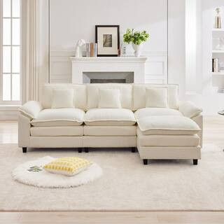 105.9 in. Chenille Fabric 4-Seat Pillow Top Arm L-Shaped Secitonal Sofa with Ottoman in Beige | The Home Depot