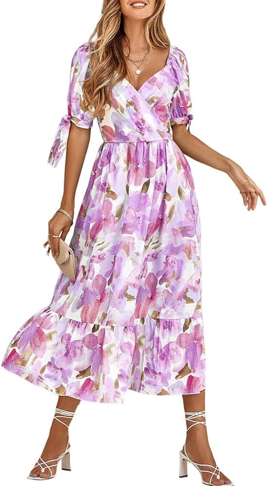Womens Casual Summer Tie Short Sleeve V Neck Floral Pattern Ruffle Elastic Waist Maxi Dre... | Amazon (US)
