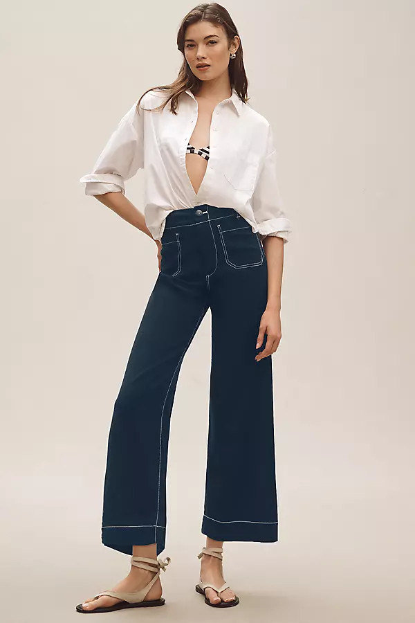 The Colette Contrast-Stitch Linen Crop Wide-Leg Pants by Maeve | Anthropologie (US)