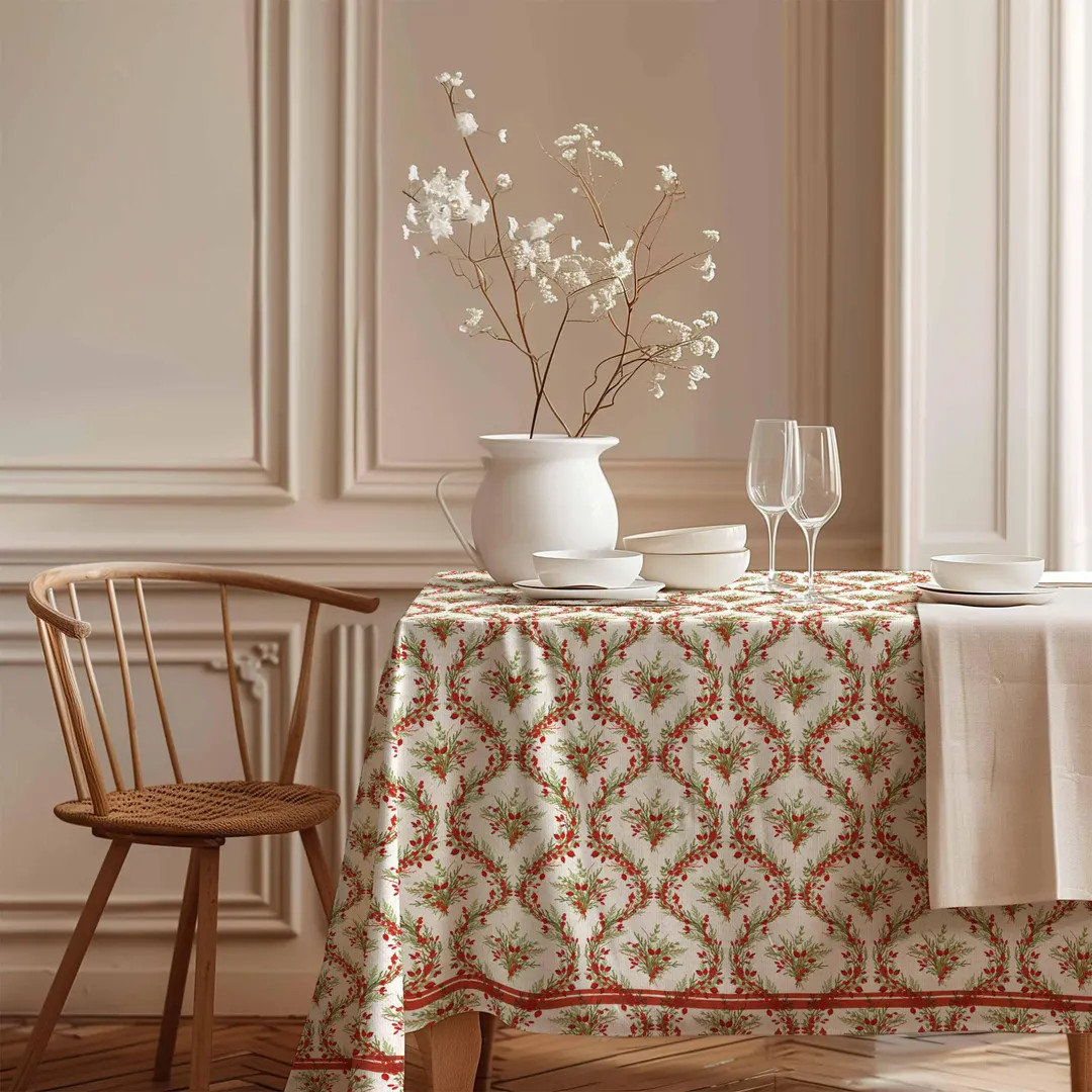 Tablecloth, Winter Berry Garland, Linen Tablecloth, 100% Linen - Etsy | Etsy (US)