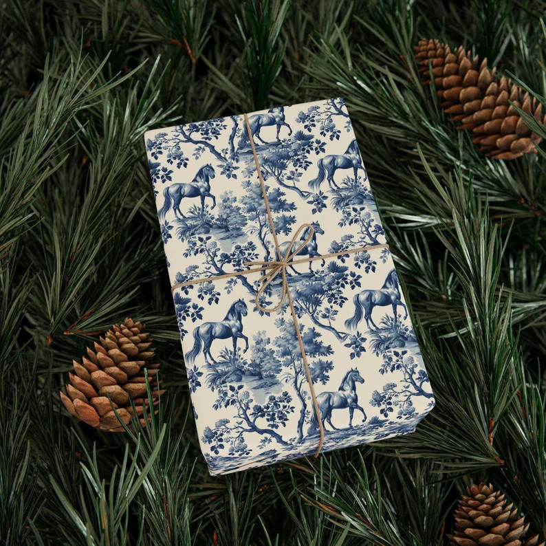 Blue Floral Equestrian Gift Wrap Vintage Toile Wrapping Paper for Horse Lovers Unique Gift Wrap H... | Etsy (US)