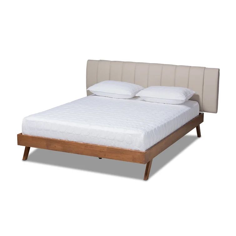 Barryknoll Mid-Century Modern Light Beige Fabric Upholstered Walnut Finished Wood Queen Size Bed | Wayfair North America