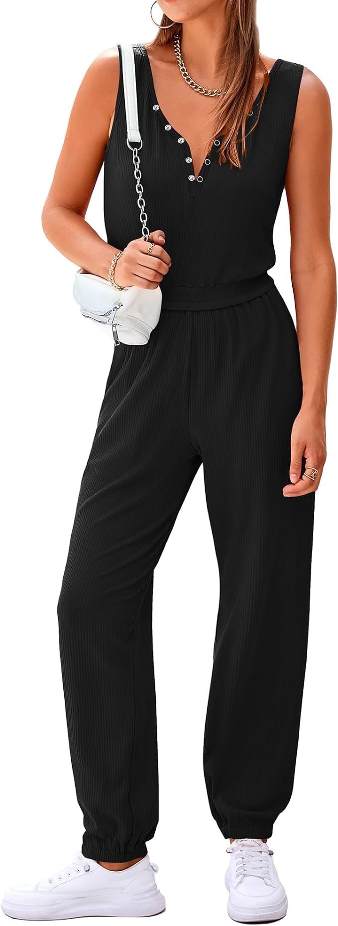 PRETTYGARDEN Women's Jumpsuits 2024 Summer Casual Sleeveless Elastic Waist Stretchy Ribbed Knit L... | Amazon (US)