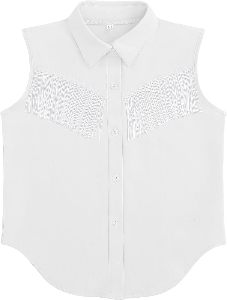 Girls Fringe Shirt Sleeveless Button Down Western Cowgirl Tassel Trim Casual Blouse Shirt Top 4-1... | Amazon (US)