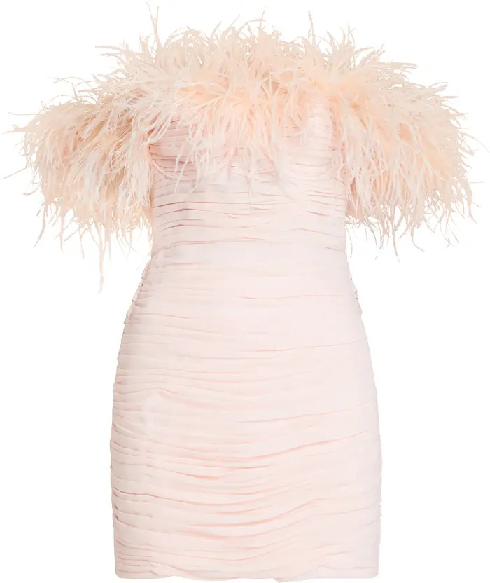 SAU LEE Chelsea Ruched Off the Shoulder Feather Trim Body-Con Dress | Nordstrom | Nordstrom