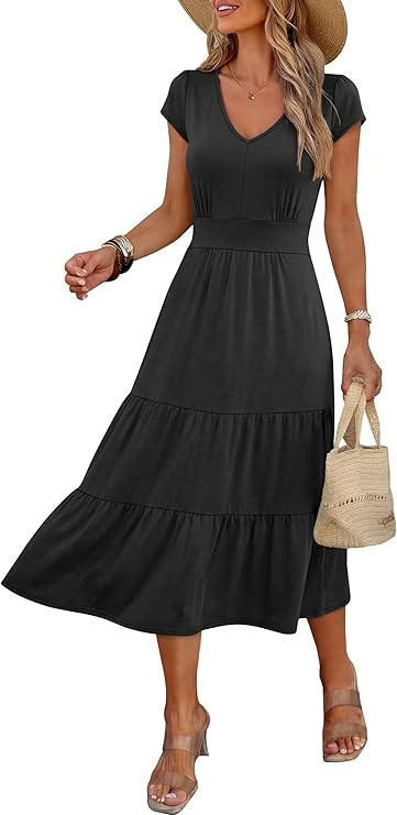 Prinbara Womens Summer Maxi Dresses Casual 2026 Cap Sleeve V Neck Empire Waist Flowy Tiered Smock... | Amazon (US)
