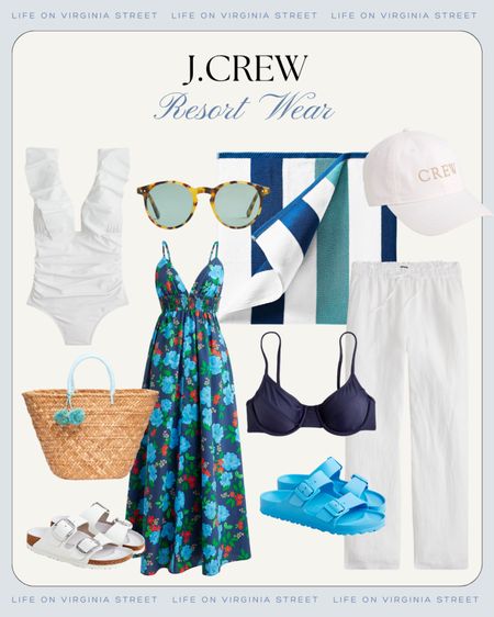 Looking for a warm-weather escape? I’m loving these resort wear pieces from J Crew! Includes a floral sundress, ruffled white swimsuit, white linen pants, a striped beach towel (comes in several colors), flattering bikini top, a cute straw tote, rubber birks, white Birkenstocks, tortoise glasses and a ball cap!
.
#ltkswim #ltktravel #ltkfindsunder50 #ltkfindsunder100 #ltkshoecrush #ltkitbag #ltksalealert #ltkseasonal #ltkover40 spring break outfits, beach vacation outfits

#LTKswim #LTKsalealert #LTKtravel