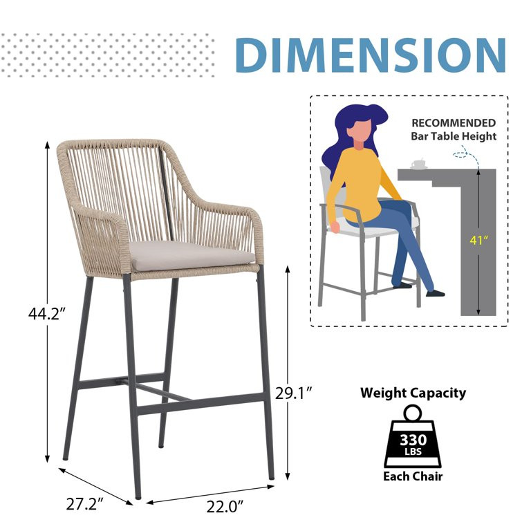JOIVI Outdoor Wicker Bar Stools, 2 Piece Patio Bar Height Chairs with Cushions, All-Weather Rope ... | Walmart (US)