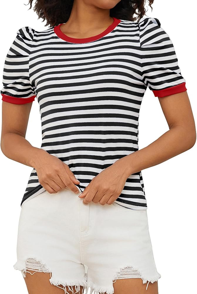 MISSACTIVER Women Striped Color Block T-Shirts Crew Neck Short Puff Sleeve Slim Fit Pullover Shir... | Amazon (US)