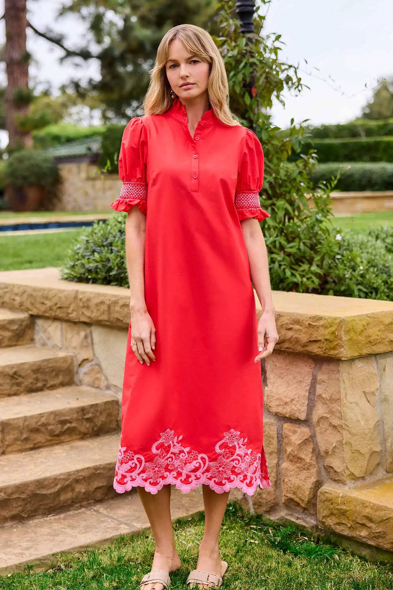 Stella Red Embroidered Midi Dress | Avara
