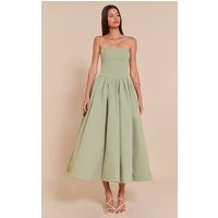 Sage Woven Bandeau Ruched Skater Midaxi Dress, Sage | PrettyLittleThing UK
