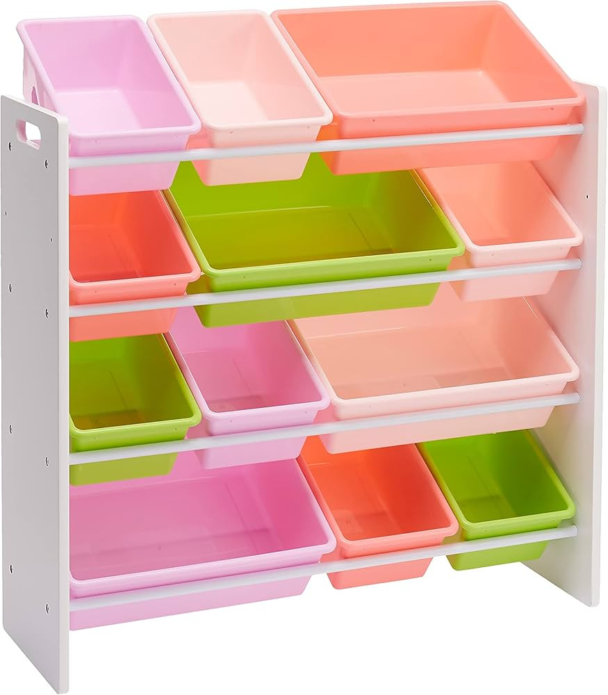 Amazon Basics Kids Toy Storage Organizer With 12 Plastic Bins, White Wood With Pink Bins, 10.9" D x 33.6" W x 31.1" H | Amazon (US)