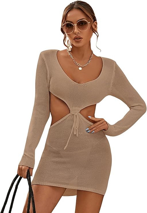 SOLY HUX Women's Cut Out Tie Front Long Sleeve Crochet Beach Swimsuit Bikini Cover Up | Amazon (US)