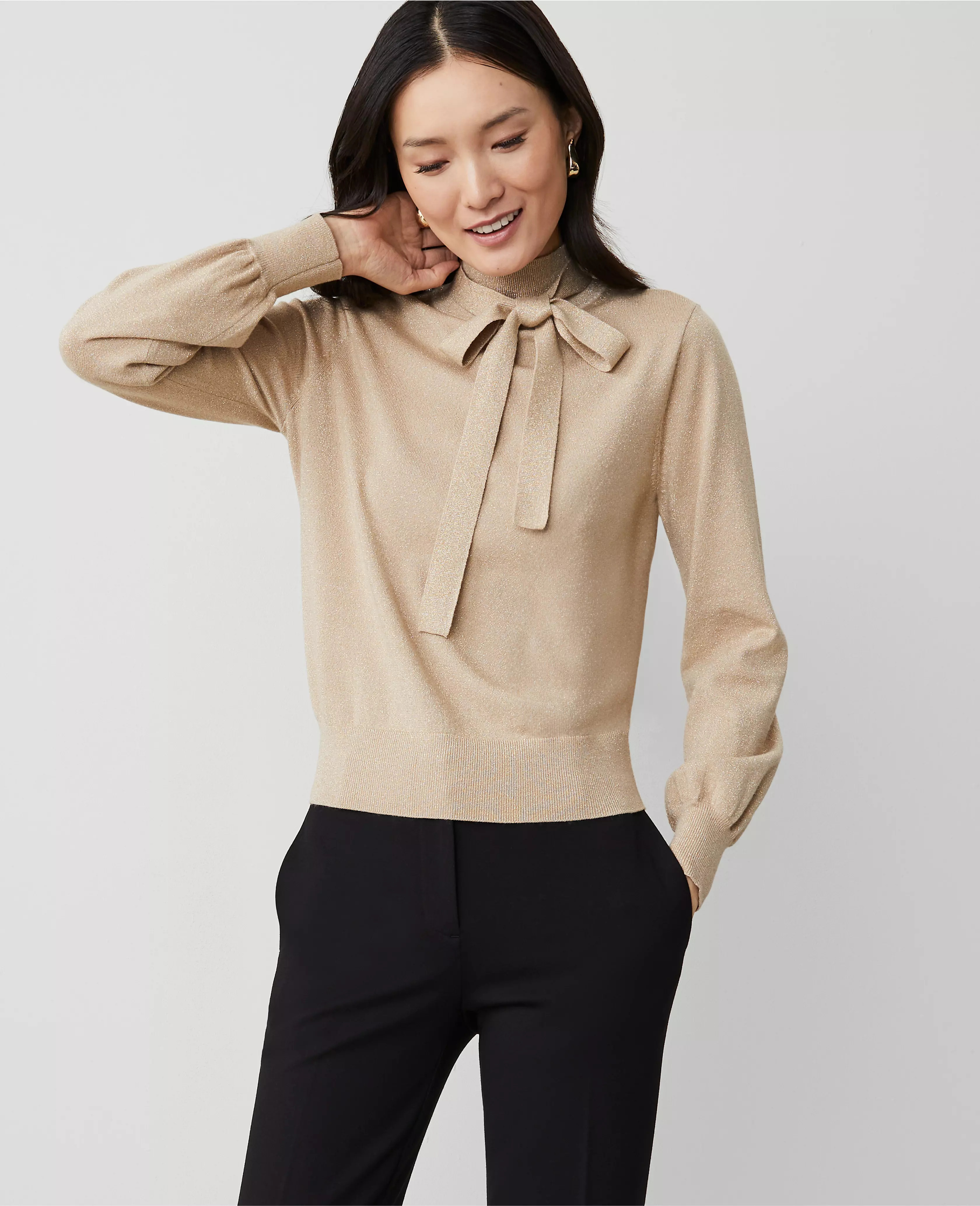 Lurex Tie Neck Puff Sleeve Sweater | Ann Taylor (US)
