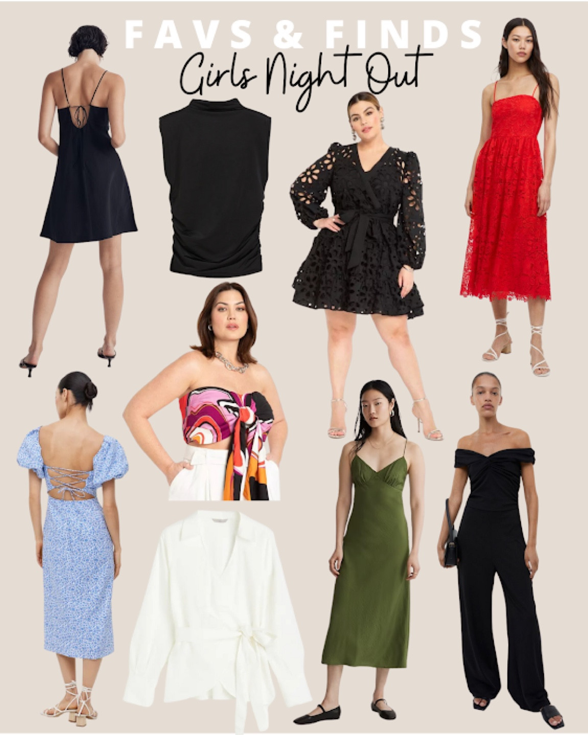 Girls night out Inspo: little black dress, black tight mock neck tank, black lace dress, red lace dress, blue floral crisscross strappy back, bandeau tie top, white collar tie blouse, silk Strappy midi dress, black sweetheart jumpsuit

#LTKstyletip #LTKcurves