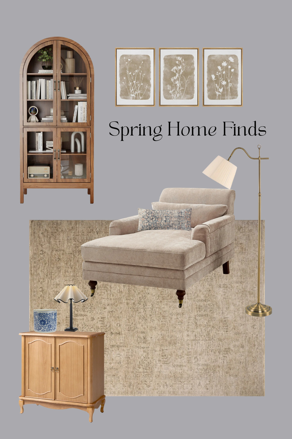 Spring home finds I am loving. I love the chaise lounge chair. It is so affordable. Perfect for a cozy reading corner with the gold floor lamp.

loloi area rug, arched bookshelf, wall art, spring home decor, home decor 

 #LTKSeasonal #LTKHome #LTKSaleAlert