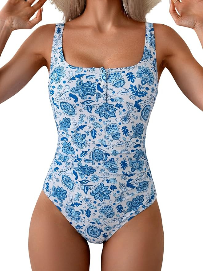 B2prity One Piece Swimsuit for Women Tummy Control Ruched Slimming Bathing Suit Button Full Cover... | Amazon (US)