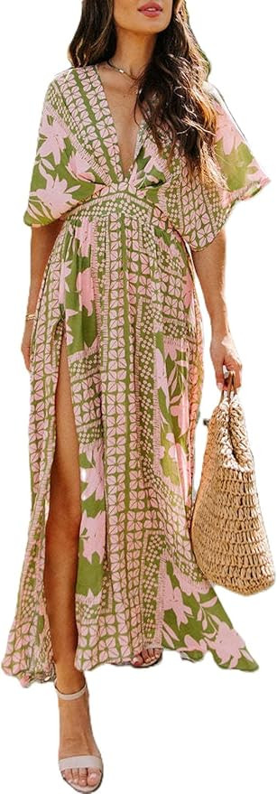 Quatrefox Womens V Neck Flutter Sleeve Boho Midi Dress Summer Wedding Guest Beach Party Long Dres... | Amazon (US)