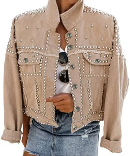 Omoone Women's Long Sleeve Rivet Studded Denim Jacket Casual Washed Pearl Short Jean Coat | Amazon (US)