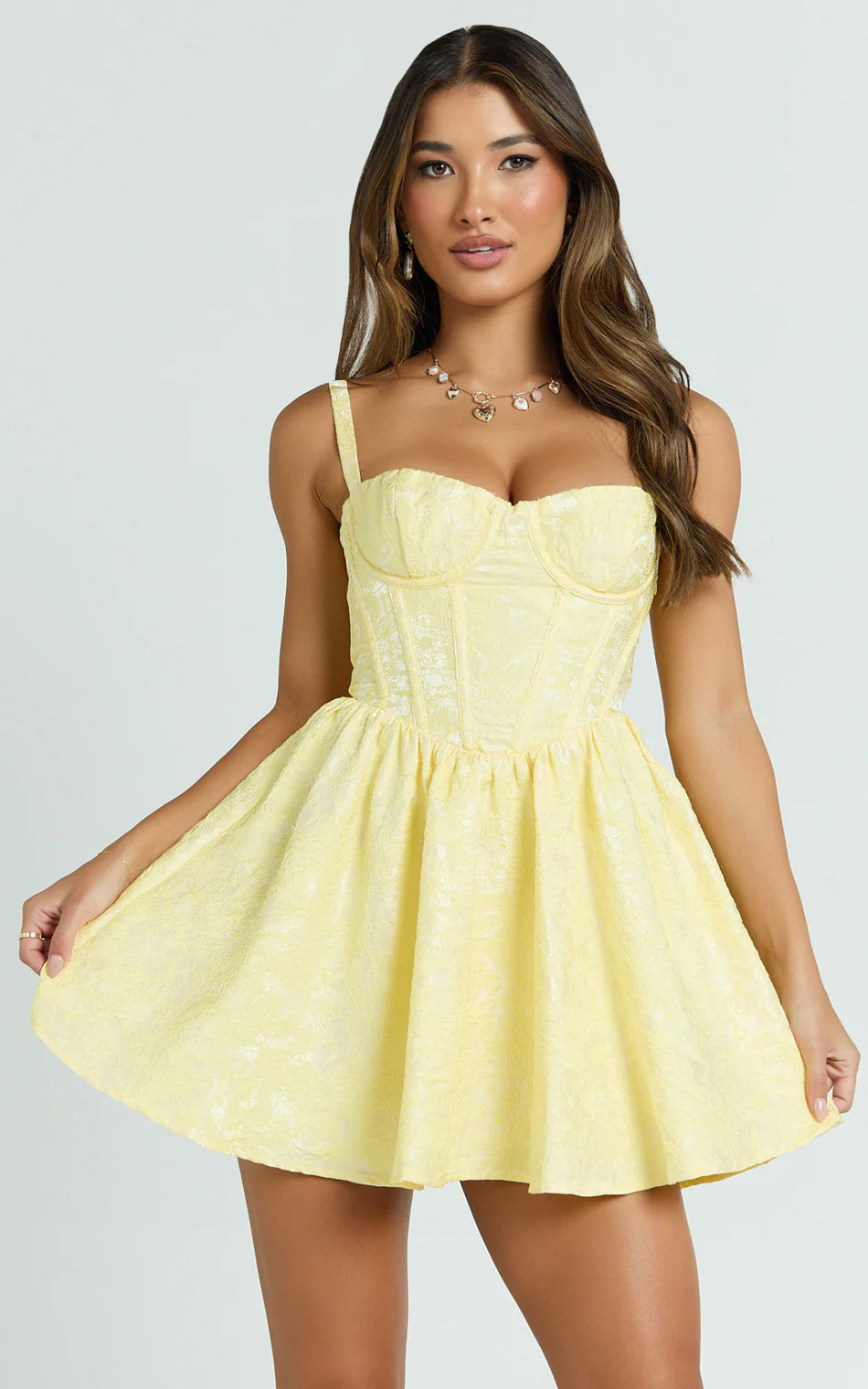 Eden Mini Dress - Jacquard Sweetheart Neck Lace Up Fit And Flare Dress in Yellow | Showpo (US, UK & Europe)