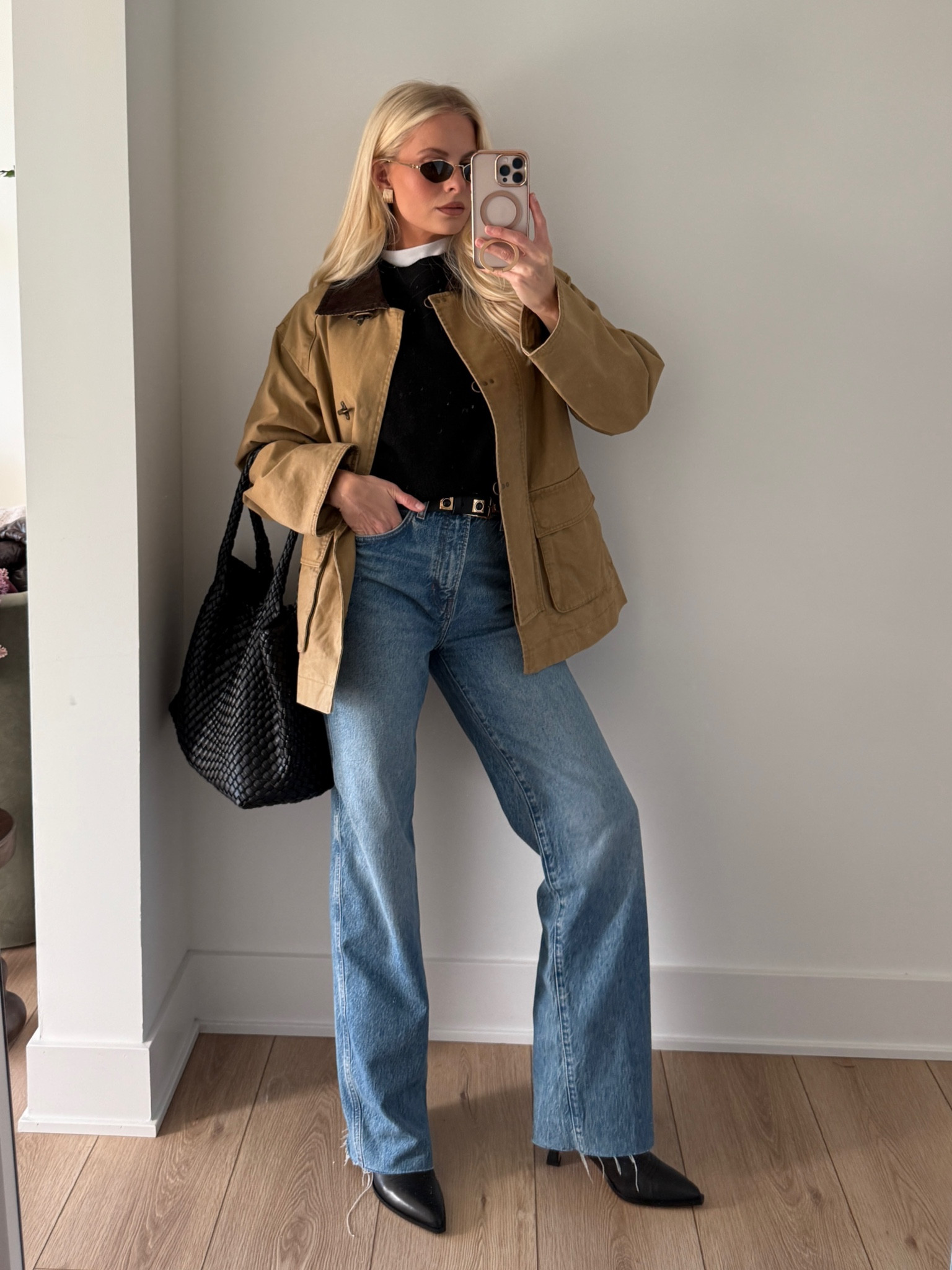 Fall OOTD: small in jacket, small in tee, linked similar sweater, 26 in jeans, true to size in boots. Code kathleen15 for discount on belt! 

#kathleenpost #fallfashion 

#LTKSeasonal #LTKStyleTip