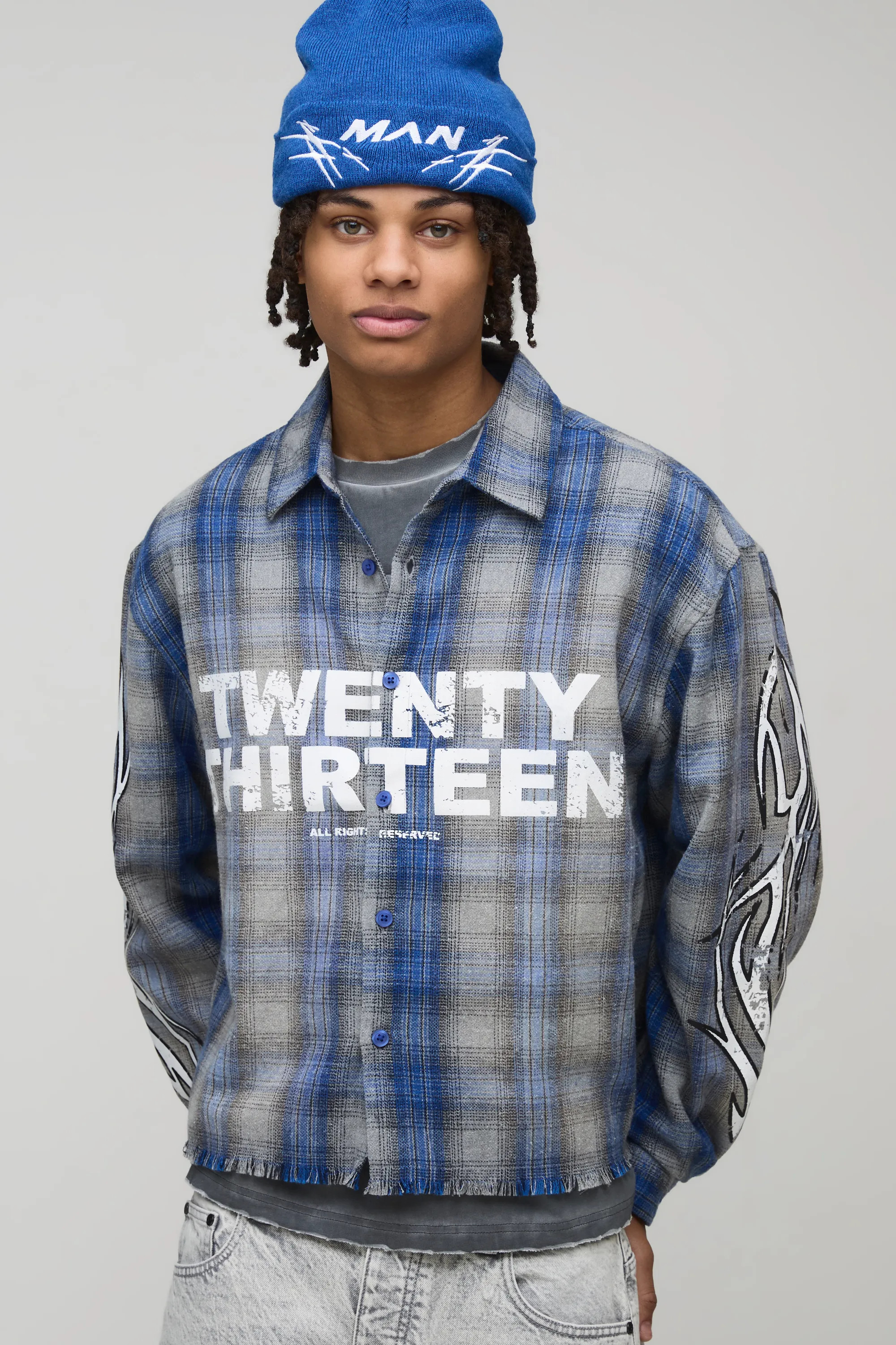 Navy Oversized Boxy Twenty Thirteen Check Long Sleeve Shirt | BOOHOOMAN USA | boohooMAN (US & Canada)