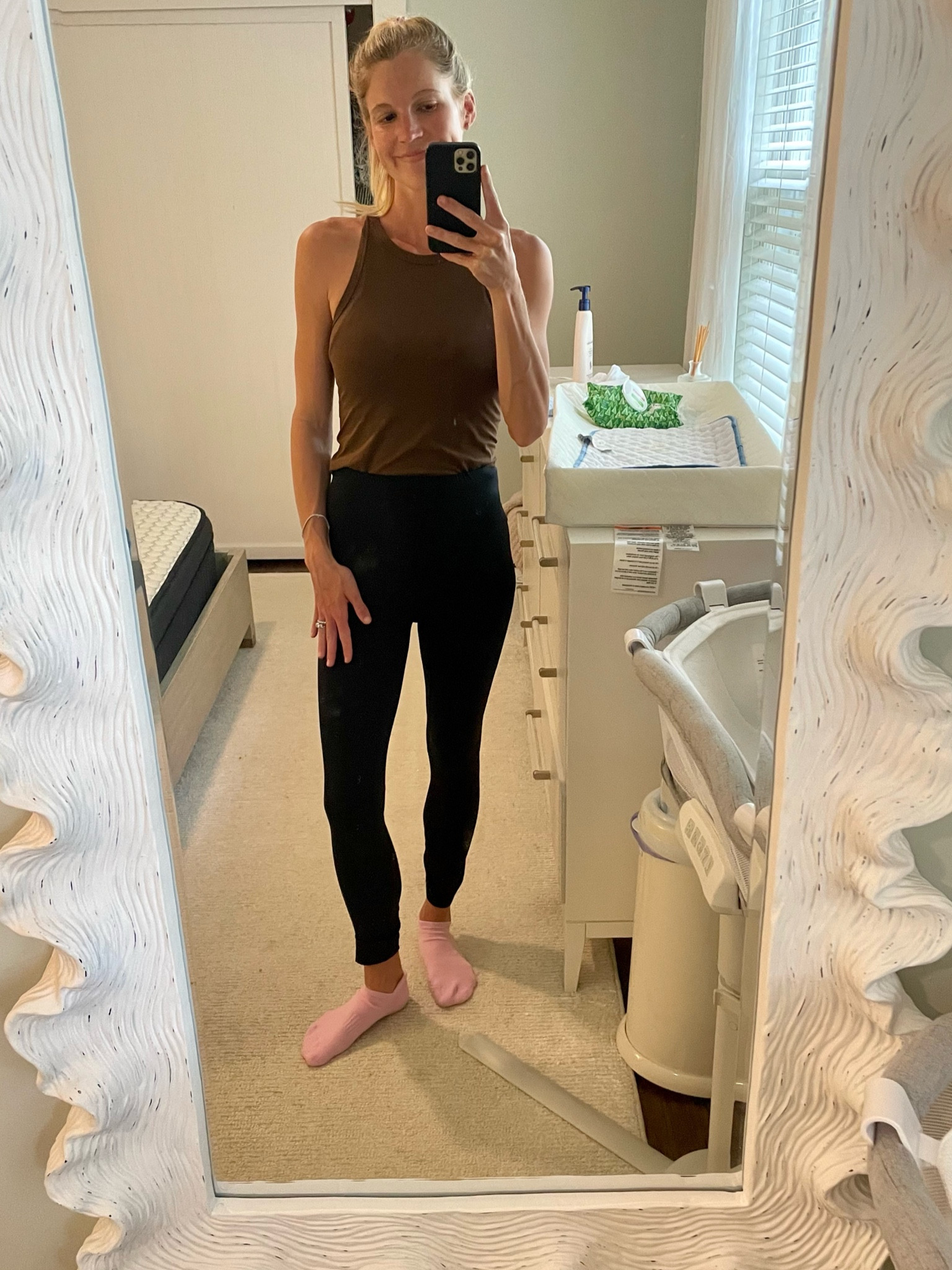 First Pilates class post baby ! Wore black leggings , a chocolate brown tank top and pink grip socks. Linked all of the above and the cute barre socks I wish I had instead 😅

Barre outfit, Pilates outfit, black leggings , brown tank top , lululemon , grip socks , workout outfit , cute workout look

#LTKFitness #LTKunder100