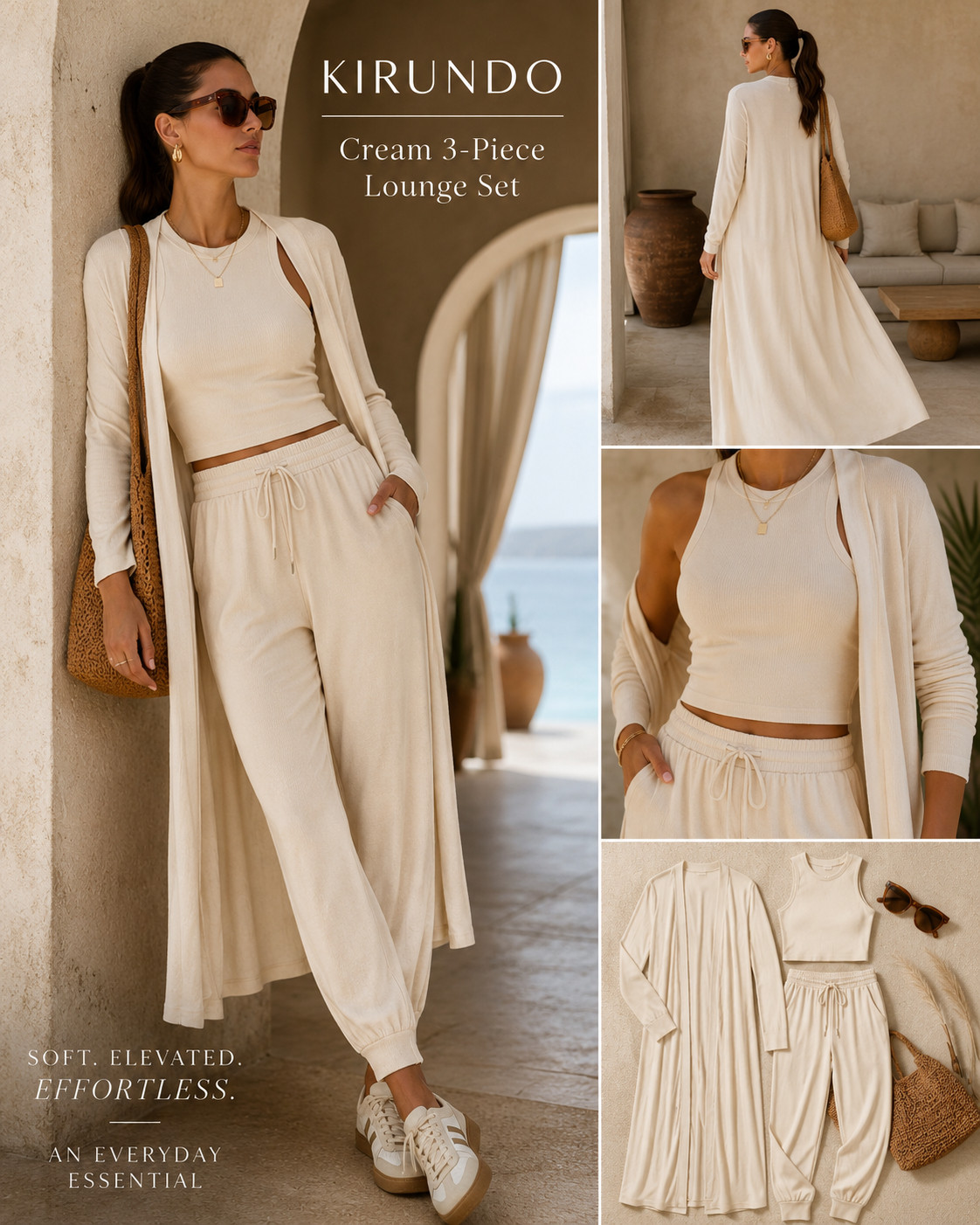 The KIRUNDO cream 3-piece lounge set that makes effortless comfort look like quiet luxury. 🤍✨

This KIRUNDO matching set includes a fitted cropped tank, relaxed drawstring joggers, and a long open-front cardigan—giving you a complete Amazon travel outfit plus three versatile pieces to mix and match. 

The soft cream color creates an elevated monochromatic look that feels polished, expensive, and easy to style in every season.

The cropped tank balances the relaxed jogger silhouette, while the long cardigan adds lightweight coverage and beautiful movement without making the outfit feel bulky. 

Wear all three pieces together with neutral sneakers, layered gold jewelry, sunglasses, and a woven tote for an effortless resort or airport look.

Perfect for airport outfits, travel days, beach vacations, resort mornings, cruises, coffee runs, errands, working from home, and elevated everyday loungewear. 

Style the cardigan with denim, pair the tank with trousers, or wear the joggers with a fitted tee—one set gives you so many outfit possibilities.

Comfortable enough for the flight, polished enough for arrival, and neutral enough to wear on repeat.

📌 SAVE this KIRUNDO cream travel set before your size sells out!

Everything is linked! ↓

#LTKActive #LTKSaleAlert #LTKTravel