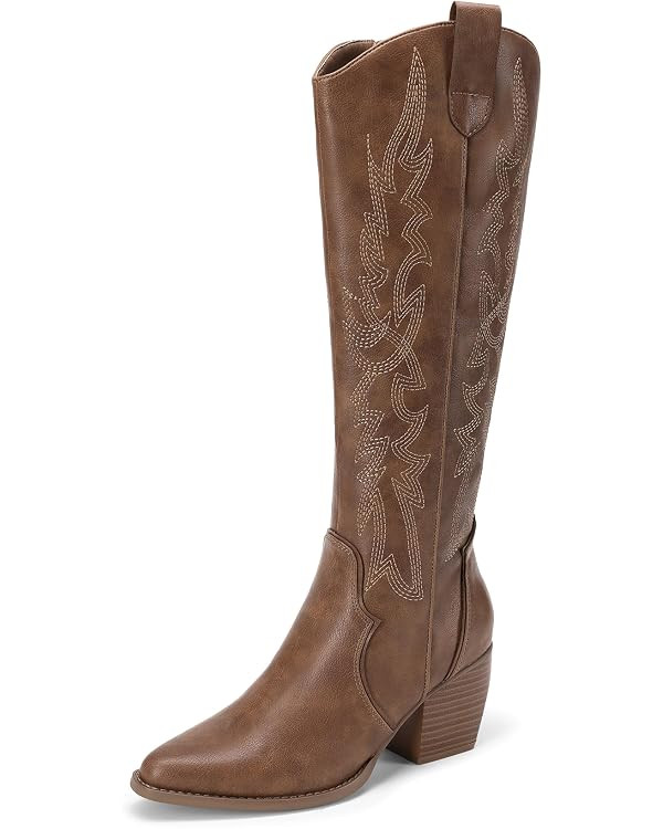 DREAM PAIRS Womens Cowboy Boots Wide Calf Comfortable Pull On Zipper Chunky Heel Pointed Toe Embr... | Amazon (US)